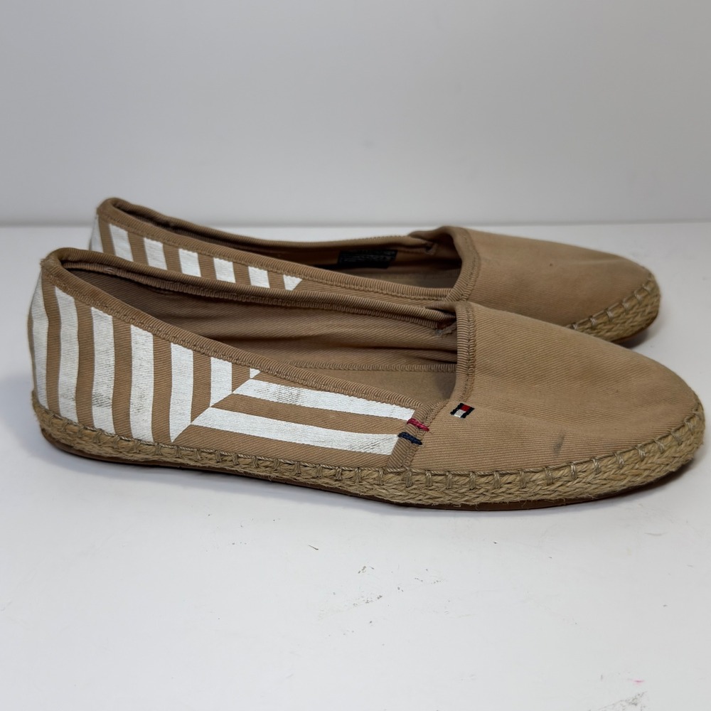 Tommy Hilfiger Womens 6 Tan Nautical Coastal Canvas Espadrille Flats Resortwear
